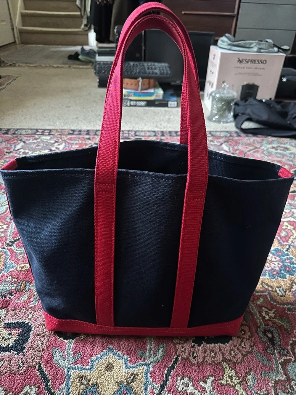 Ralph Lauren Black Canvas Tote with Red Trim and Polo Logo